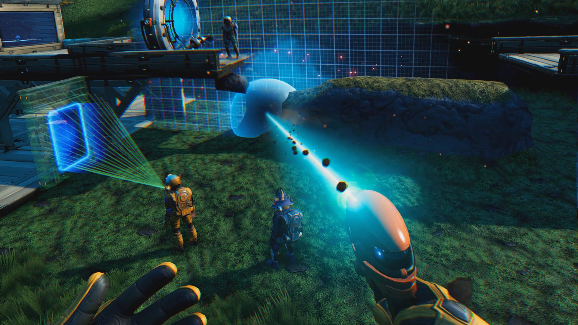 A player using the Terrain Manipulator in No Man's Sky in VR.