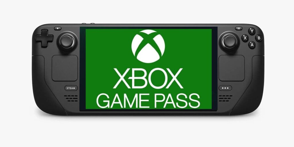 Valve's Steam deck against a bright white background with a screenshot of the Xbox Game Pass logo.